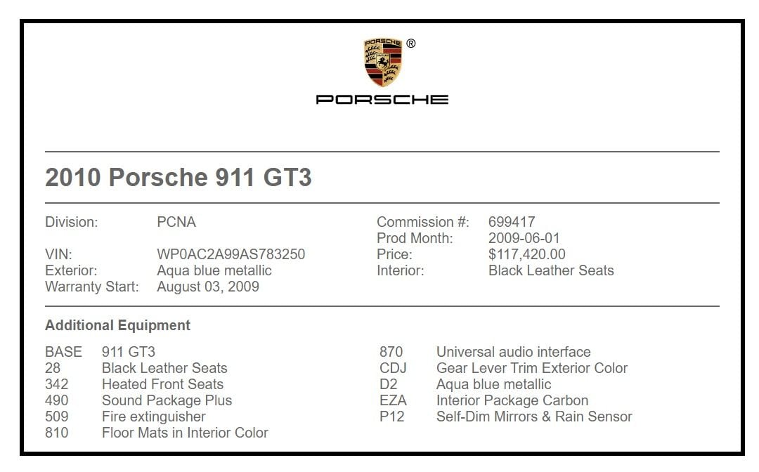 2010 Porsche 911 - 2010 GT3- Aqua Blue Metallic - Used - VIN WPOAC2A99AS782350 - 12,950 Miles - 6 cyl - Manual - Blue - Wayzata, MN 55391, United States