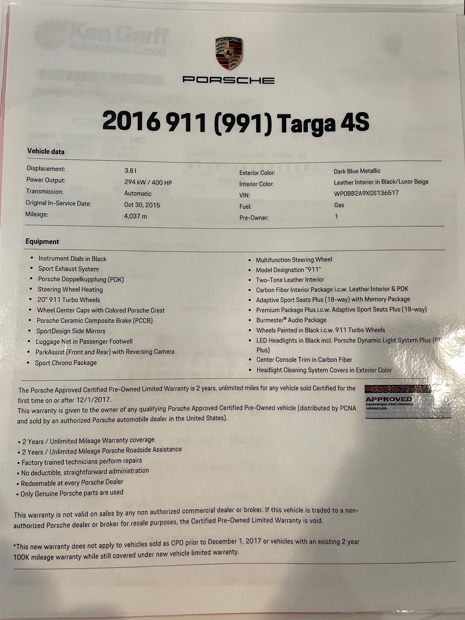 2016 Porsche 911 - 2016 Porsche 911 Targa 4S - Highly Optioned, Excellent condition, Highly Desirable. - Used - VIN WP0BB2A9XGS136517 - 6 cyl - 4WD - Automatic - Coupe - Other - Irvine, CA 92620, United States
