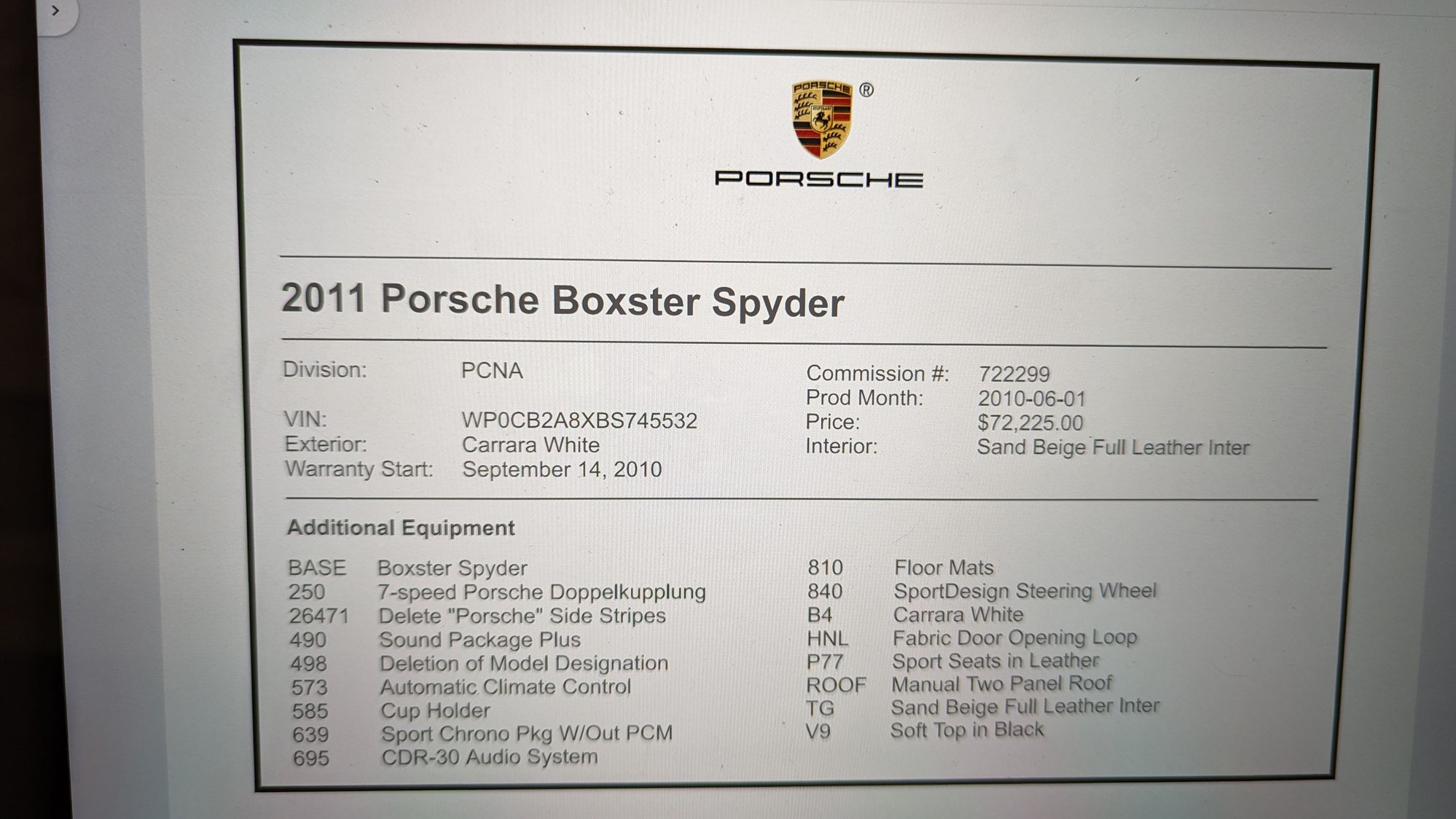 2011 Porsche Boxster - 2011 Boxster Spyder - Used - VIN WP0CB2A8XBS745532 - 87,000 Miles - 6 cyl - 2WD - Automatic - Convertible - White - Greensboro, NC 27455, United States