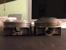 Comparison of my custom stroker piston on left, and old 12.something piston on right