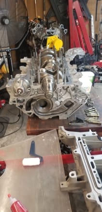 Oil pump in place to align the halves