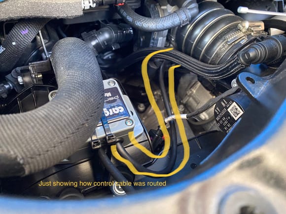 At this point, run your control cables to each respective exhaust valve. The driver side is shorter, longer cable goes to passenger side exhaust valve.