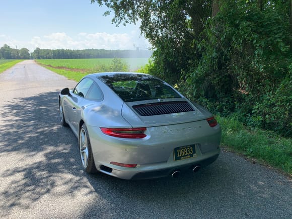 On a Delaware country road, waiting for the irrigation spray to spin off of the road. One off my last drives in the 991.2, 18 July 2020.