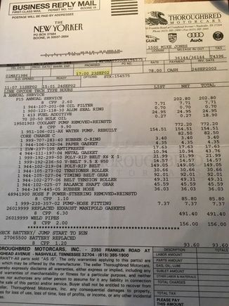 At the bottom here.  This is also when they did the timing belt and water pump.  I do also find it somewhat amusing they used a rebuilt water pump, maybe the owner was in a tough spot.  The rest of the receipts all appear to fall into the "cost is no object" category.  -- which btw is pretty interesting... that an actual main dealer would weld pipes and not just replace with new - wow - actually I like it, just doesn't seem to be what any dealers do anymore.