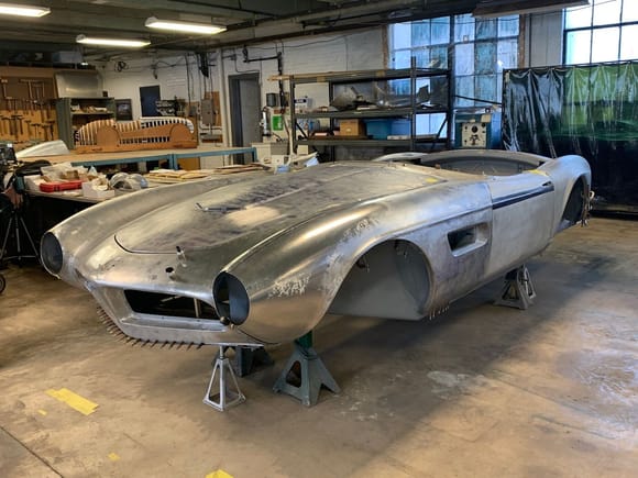 Shark out of water -- hand formed aluminum body repairs underway