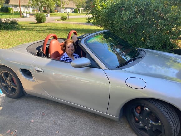 Mom in her one and only Boxster ride. Later in the day, a quick 2nd gear detent replacement ballooned into engine out delayed repair. 