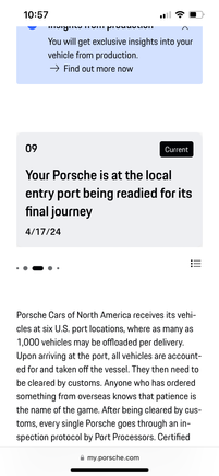 My car arrived in Freeport TX on 4/17 and is headed to DFW, but I have no ETA. Trying to be patient. 