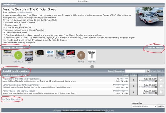 STEP 3:
After clicking the group name, this page opens.
Here, you’ll find the members who have joined (once the area fills up you can click the “view all members” (circled) to see everyone.
You can click on any of the discussions to open, read, post a reply
You may click “Post New Discussion” (circled) and start a new thread in our group.  Ask a question.  Talk about an upcoming event.  Create a discussion about a topic of interest.