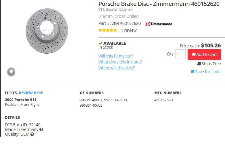 Brakes - Zimmermann Brake Rotor - Front Driver Side - Used - 1999 to 2005 Porsche Carrera - Providence, RI 02903, United States