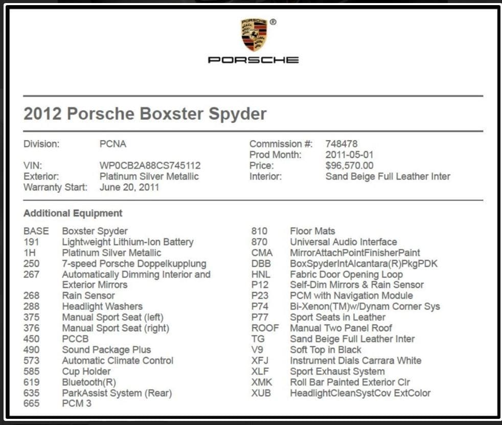 2012 Porsche Boxster - FS/FT: 2012 987.2 Boxster Spyder. 14K Miles, CPO, $96K MSRP - Used - VIN WP0CB2A88CS745112 - 14,500 Miles - Convertible - Silver - Orlando, FL 34786, United States