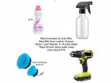 Woolite Delicate Laundry Detergent. Spray bottle.
Ryobi soft blue brush kit. Battery variable drill. 
I checked soap solution with “PH sticks.”  PH is 7.
*Retired 27year Chemical Plant Production.
