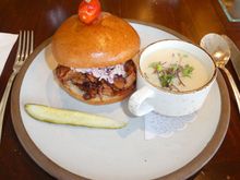 Unique style Pulled Pork sandwich with Sweet Onion soup.