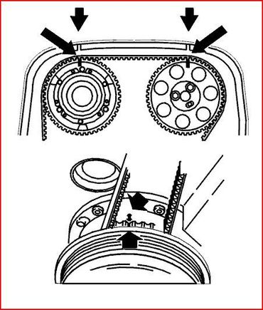 Timing mark diagram
The diagram for the crankshaft pulley is not particularly helpful, as the actual timing marks are between the pulley and the motor, and also hidden behind the accessory belt pulley. See the other pictures for more detail.