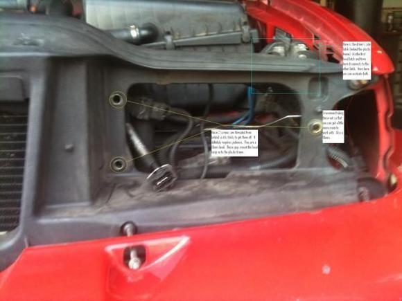 volvo showntell
This picture shows hot to get to the main hood latch in case your cable brakes.  remove head lamp and signal light from driver's side.