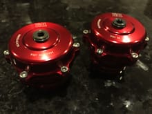 The blow off valves also showed up. I must confess I really wanted purple ones, but Amber @ Forced Performance would NOT let me order them. Seriously, I tried. She knows what color my car is and flatly said you can't use purple on a red car. I think they look good in red too though.