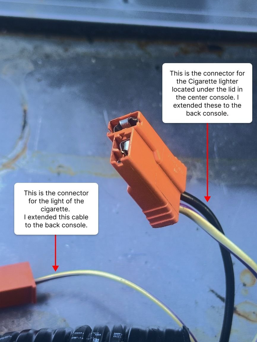 Original Connectors for the cigarette lighter under the aluminum lid.