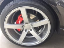 22x10.5 Vossen Rims. Special order so no spacers. Porsche Cayenne rotors and pads. Stock Calipers painted Bosso Red with Brembo decal front and rears. Braided brake hoses.