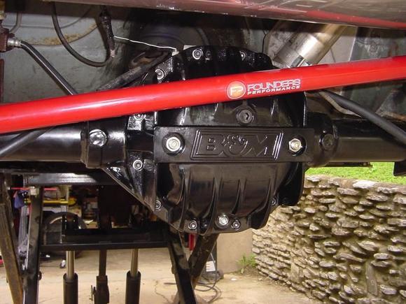 Founder's Performance Panhard Rod and Strange Engineering 12 bolt rear end powder coated black with 3.73 gears and B&amp;M rear end cover powder coated black.