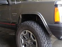 cutting in process after a lot of measuring a soul searching

1993 Jeep cherokee with Bushwacker cutout fenders, 3" lift, 1" spidertrax adapters, rubicon wheels, yakima roof rack, rotopax mounts, hela lights