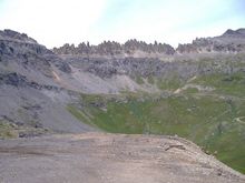 Governor Basin Road, Virginius Mine
Mendota Peak 13,276' in upper left, St. Sophia Ridge 12,800' in upper center, Mount Emma 13,581' in upper right.The trail coming in from the right, and climbing to the center takes you to the Governor Mine @ 12,620', and the Humbolt Mine @ 12,664'