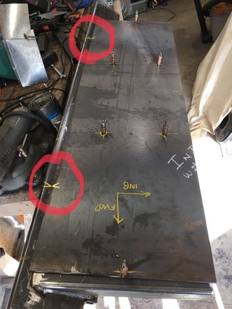 Made some index marks after I drilled and installed clecos to hold it in position when I install it on the Jeep. I also marked the other side of the plate to drill 1” holes that’ll line up with the middle supports to plug weld them.