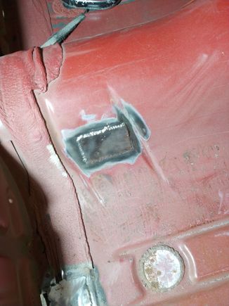The passenger side E-brake cable mount in the tunnel had a small tear near the spot weld so I welded on a plate to stiffen it up