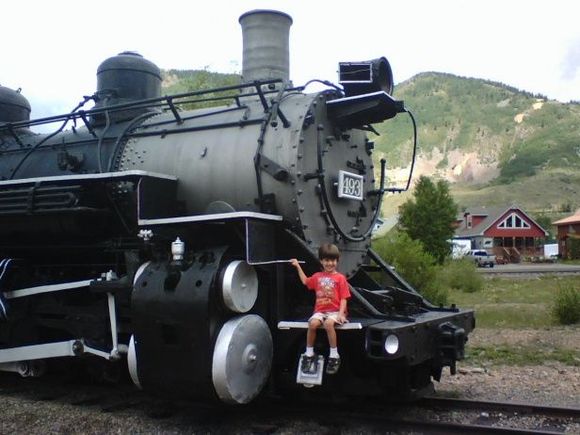 Display Durango &amp; Silverton steam engine at the depot in Silverton, Needless to say Jayce was in heaven!