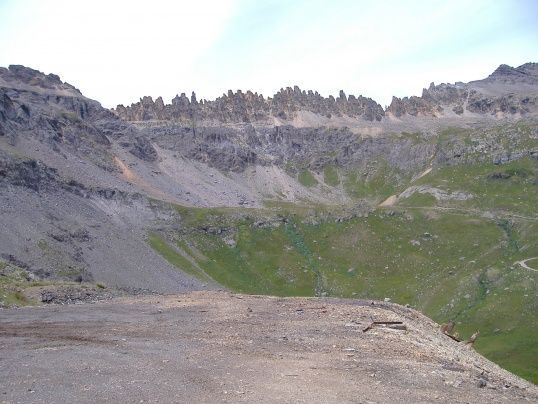 Governor Basin Road, Virginius Mine
Mendota Peak 13,276' in upper left, St. Sophia Ridge 12,800' in upper center, Mount Emma 13,581' in upper right.The trail coming in from the right, and climbing to the center takes you to the Governor Mine @ 12,620', and the Humbolt Mine @ 12,664'