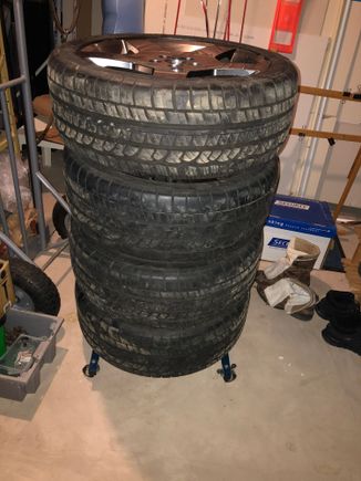 Stacked in my vertical wheel and tire rack , just one more month, we’ll see maybe two or three weeks. 