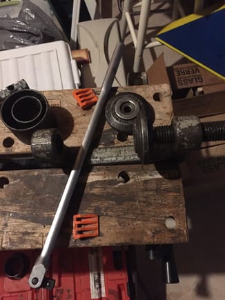 The ball joint press tool, I used the workmate to hold the C clamp, whilst I cussed and swore at myselve for selling my 25 ton electric powered hydraulic press, and all the adapters to do this job in a minute or two.
