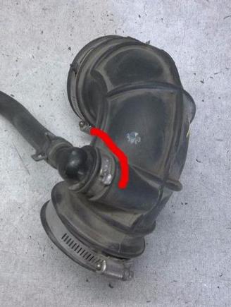 Look at this area of the elbow for oil, it can get sucked from the valve cover, the solution is to soak the valve cover in warm water and Dawn dish soak over night. 