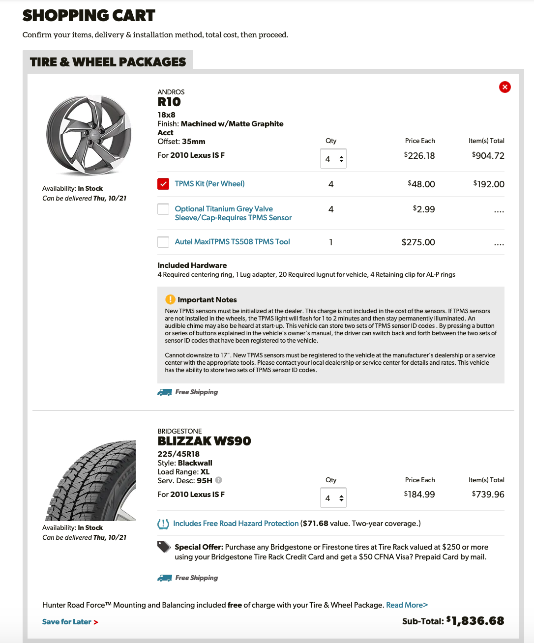 Wheels and Tires/Axles - Bridgestone Blizzak WS90 225/45/R18 + Andros R10 Winter Tire & Rim Package + TPMS - Used - 2008 to 2014 Lexus IS F - All Years Lexus IS - Brooklyn, NY 11230, United States