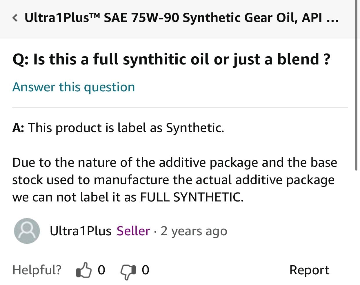 Ultra1Plus™ SAE 75W-90 Synthetic Gear Oil API GL-4