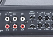 Inputs!   You can cut RCA cables, splice 'em into the factory high level output, and run 'em into this amp... just don't forget to flip the switch to "high level" inputs.  The amp is rated for up to 10 volts for the high level input.  Maybe I'll try to get a reading with a digital multimeter... I guess I'd need to tap in to the line as it drives the speakers, and out the meter in A/C mode... Maybe it'll work (or maybe not)... but the reading would be the RMS... not the peak.  
