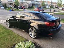 Front: 230/35/19 +35 offset on a 8.5" wide rim
Rear: 275/30/19 +45 offset on a 9.5" wide rim

Lowered on F sport springs - no rubbing 