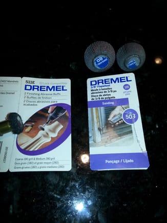 Dremel 80 and 120 grit flapwheels with Dremel 511E finishing abrasive buffs were acquired from supply chain partner Home Depot