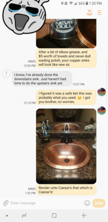 Text convo with my bro in law earlier. Im helping him ready his home for sale.  I polished the copper sinks today while he was at work.