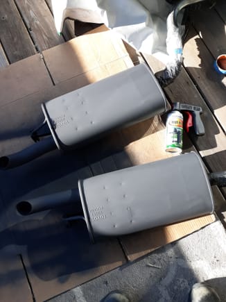 After prep and cleaning wirh Eastwood products, entire rear mufflers recoated using Rustoleum flat black high temperature paint...