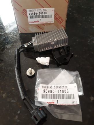 Part numbers for fuel pump resistor and harness mating connector shell..