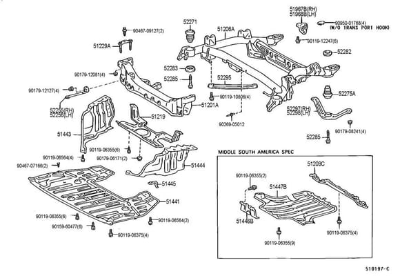 Lexus parts diagram depicting front and rear crossmember.
and rear suspension member brace.
