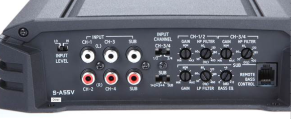 Inputs!   You can cut RCA cables, splice 'em into the factory high level output, and run 'em into this amp... just don't forget to flip the switch to "high level" inputs.  The amp is rated for up to 10 volts for the high level input.  Maybe I'll try to get a reading with a digital multimeter... I guess I'd need to tap in to the line as it drives the speakers, and out the meter in A/C mode... Maybe it'll work (or maybe not)... but the reading would be the RMS... not the peak.  
