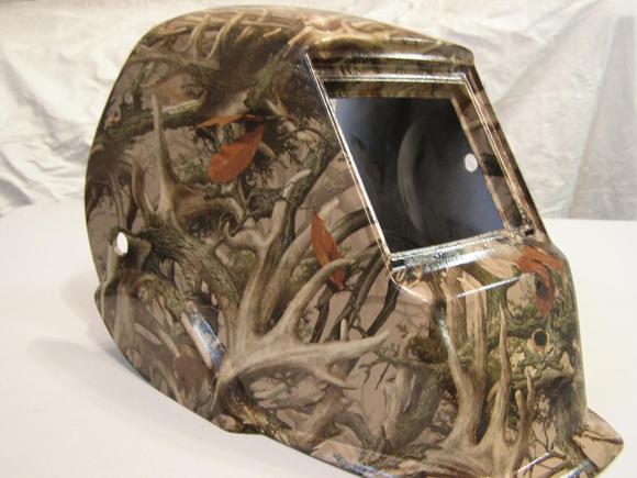 Welding helmet with tan base coat in Legends Camo pattern.