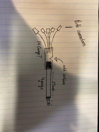 Had fun planning how to actual rewire g105 in such a tight space with minimal effort in removing things in the way. 

Came up with his idea. One large metal butt connector some 4gauge wire on one end to an Eylet terminal and some smaller wire with 5 more butt connectors attached. Solder it up inside then bring it out, cut and splice nice and easy haha 
