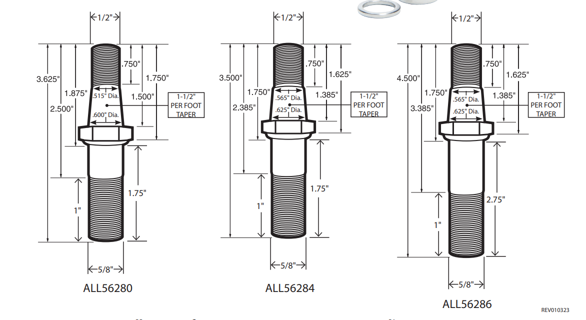 Allstar makes 3 variations of bump stud. Only the one on the left has the taper we need. The other two are Pinto taper studs . But the one on the right is the length we need.
