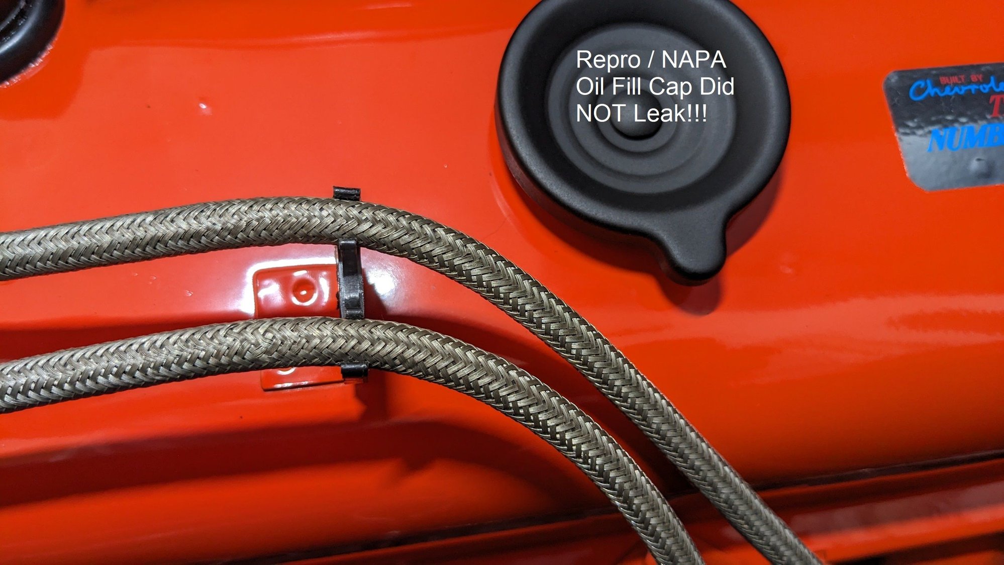 New/repro oil fill cap with a stout rubber gasket contained oil with no leaks