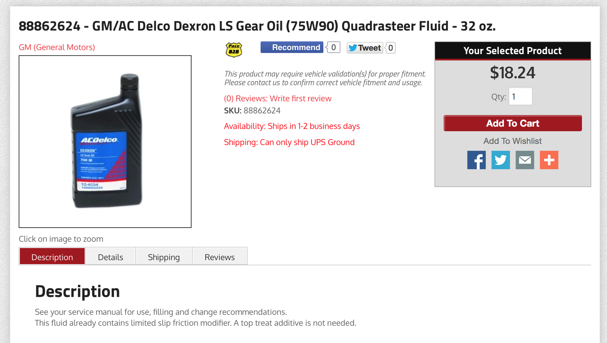 88862624 - Gm/Ac Delco Dexron Ls Gear Oil (75W90) Quadrasteer