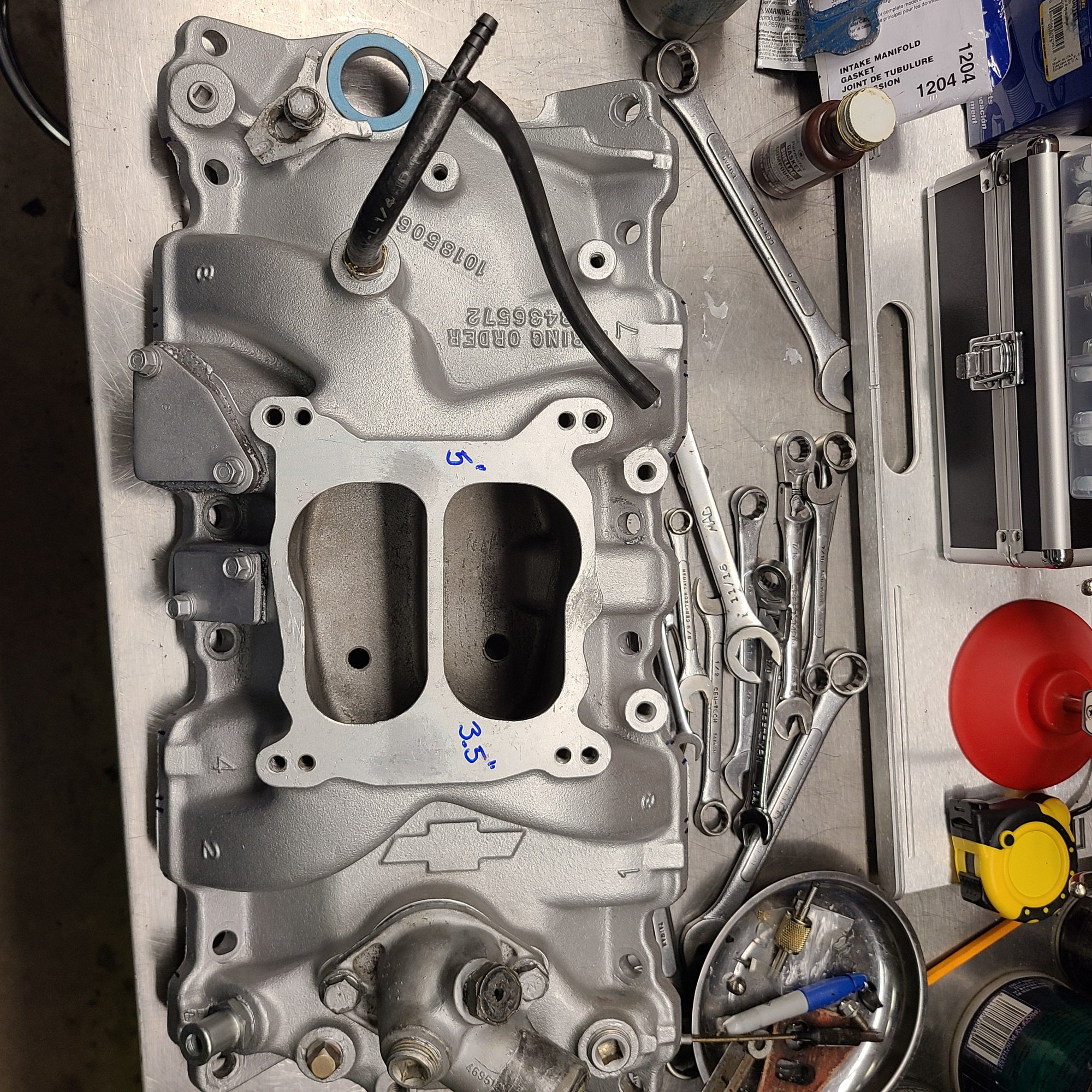 ZZ-4 GM Performance Parts aluminum intake.  Measurements taken from china wall surfaces to carb pad height straight edge.