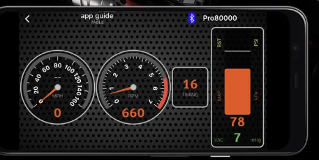 Gauge display screen on your phone for real-time viewing/tuning. MPH, RPM, Vac reading, current timing. Launch or boost retard. It uses the GPS sensor on your phone for GPS MPH. It has a vacuum/MAP sensor in the distrib unit for vacuum and load reading.