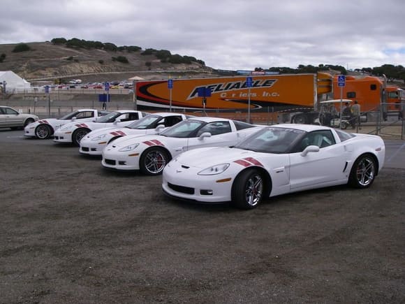 Photo-op at '07 Laguna Seca ALMS. Mine is on the far left. There was actually a 6th one there, Ron Fellows' #001 was in the Corvette Corral display tent. The Reliable truck was carrying the yellow ZR1 that Johnny O' did two quick laps in.