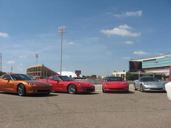 Palo Duro Lubbock Vette Trip July 2009- 4 Lone Star CC vettes at Jones Stadium, Lubbock, TX